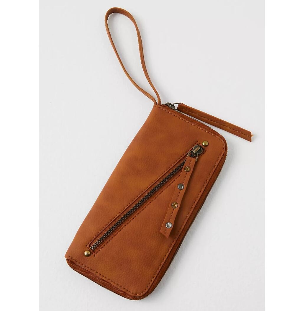 Free People Vegan Leather Wallet Wristlet Diagonal Zipper Cognac Brown Boho